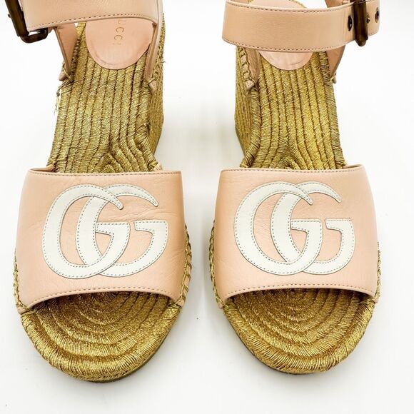 Gucci GG Pink Espadrille Gold Wedge Sandals EU 38, US 8 - Picture 3 of 10